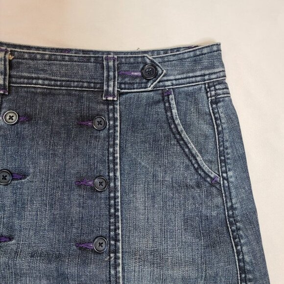 Bica Cheia Button Front Denim Mini Skirt | Size 2 | Stretchy High Waist Skirt - Picture 4 of 12